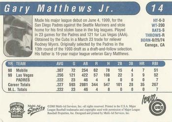 2000 Multi-Ad Iowa Cubs #14 Gary Matthews Jr. Back
