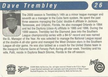 2000 Multi-Ad Iowa Cubs #26 Dave Trembley Back