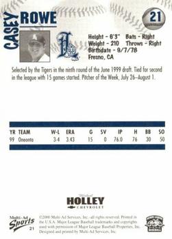 2000 Multi-Ad Lakeland Tigers #21 Casey Rowe Back