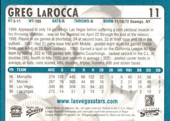 2000 Multi-Ad Las Vegas Stars #11 Greg LaRocca Back