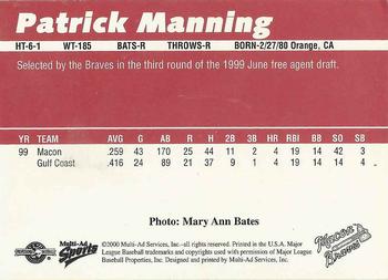 2000 Multi-Ad Macon Braves #NNO Patrick Manning Back