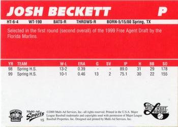 2000 Multi-Ad Midwest League Top Prospects (Numbered) #15 Josh Beckett Back