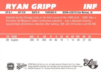 2000 Multi-Ad Midwest League Top Prospects (Numbered) #17 Ryan Gripp Back