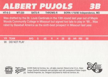 2000 Multi-Ad Midwest League Top Prospects (Numbered) #20 Albert Pujols Back