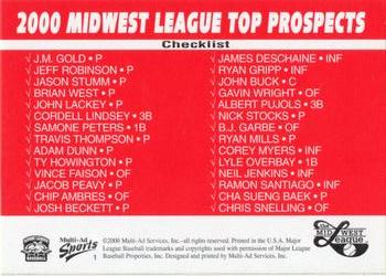 2000 Multi-Ad Midwest League Top Prospects (Numbered) #1 Header / Checklist Back