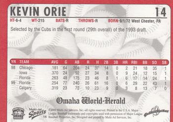 2000 Multi-Ad Omaha Golden Spikes #14 Kevin Orie Back