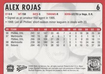 2000 Multi-Ad Piedmont Boll Weevils #6 Alex Rojas Back