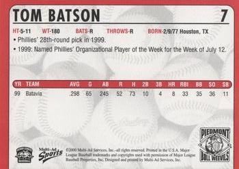 2000 Multi-Ad Piedmont Boll Weevils #7 Tom Batson Back