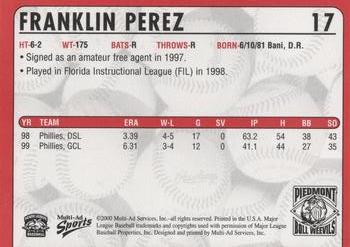 2000 Multi-Ad Piedmont Boll Weevils #17 Franklin Perez Back