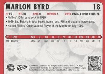 2000 Multi-Ad Piedmont Boll Weevils #18 Marlon Byrd Back