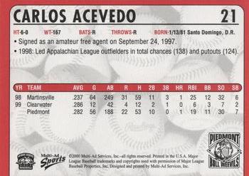 2000 Multi-Ad Piedmont Boll Weevils #21 Carlos Acevedo Back