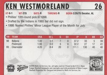 2000 Multi-Ad Piedmont Boll Weevils #26 Ken Westmoreland Back