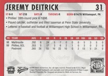2000 Multi-Ad Piedmont Boll Weevils #31 Jeremy Deitrick Back