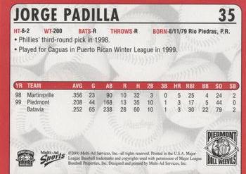 2000 Multi-Ad Piedmont Boll Weevils #35 Jorge Padilla Back
