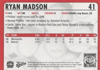 2000 Multi-Ad Piedmont Boll Weevils #41 Ryan Madson Back
