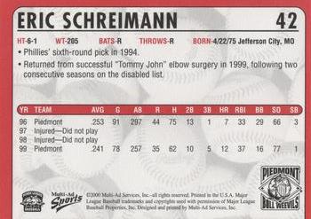 2000 Multi-Ad Piedmont Boll Weevils #42 Eric Schreimann Back