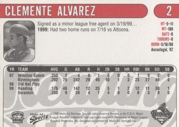 2000 Multi-Ad Reading Phillies #2 Clemente Alvarez Back