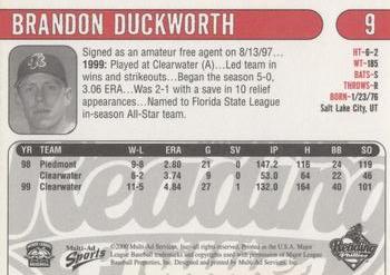 2000 Multi-Ad Reading Phillies #9 Brandon Duckworth Back