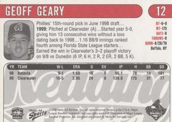 2000 Multi-Ad Reading Phillies #12 Geoff Geary Back