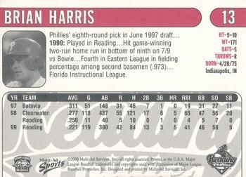 2000 Multi-Ad Reading Phillies #13 Brian Harris Back