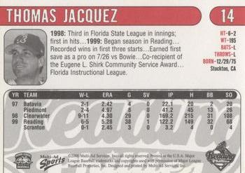2000 Multi-Ad Reading Phillies #14 Thomas Jacquez Back