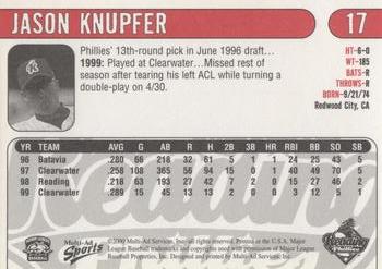 2000 Multi-Ad Reading Phillies #17 Jason Knupfer Back