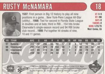 2000 Multi-Ad Reading Phillies #18 Rusty McNamara Back