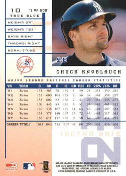 1998 Leaf Rookies & Stars - True Blue #10 Chuck Knoblauch Back