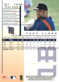 1998 Leaf Rookies & Stars - True Blue #51 Tony Clark Back