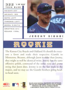 1998 Leaf Rookies & Stars - True Blue #322 Jeremy Giambi Back