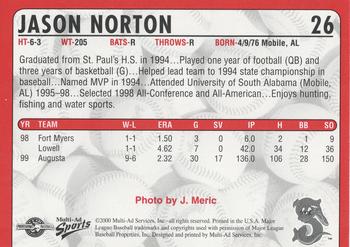 2000 Multi-Ad Sarasota Red Sox #26 Jason Norton Back