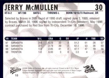 2000 Multi-Ad Somerset Patriots #18 Jerry McMullen Back