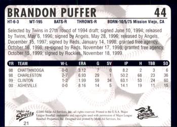 2000 Multi-Ad Somerset Patriots #21 Brandon Puffer Back