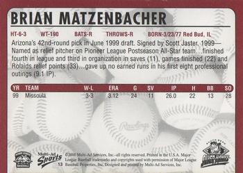 2000 Multi-Ad South Bend Silver Hawks #13 Brian Matzenbacher Back