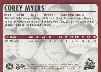 2000 Multi-Ad South Bend Silver Hawks #15 Corey Myers Back