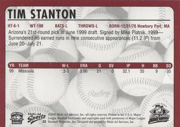 2000 Multi-Ad South Bend Silver Hawks #22 Tim Stanton Back
