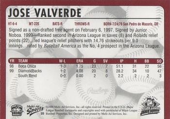 2000 Multi-Ad South Bend Silver Hawks #25 Jose Valverde Back