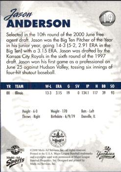2000 Multi-Ad Staten Island Yankees #2 Jason Anderson Back