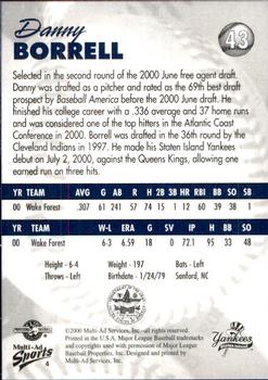 2000 Multi-Ad Staten Island Yankees #4 Danny Borrell Back