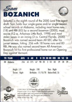 2000 Multi-Ad Staten Island Yankees #5 Sam Bozanich Back