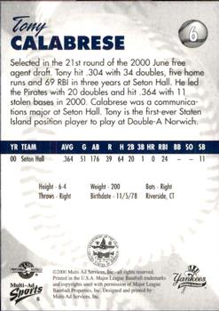 2000 Multi-Ad Staten Island Yankees #6 Tony Calabrese Back