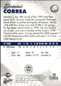 2000 Multi-Ad Staten Island Yankees #8 Dominic Correa Back