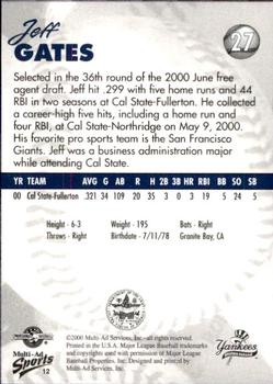 2000 Multi-Ad Staten Island Yankees #12 Jeff Gates Back