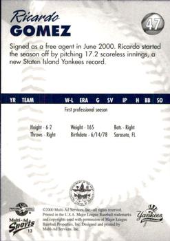 2000 Multi-Ad Staten Island Yankees #13 Ricardo Gomez Back
