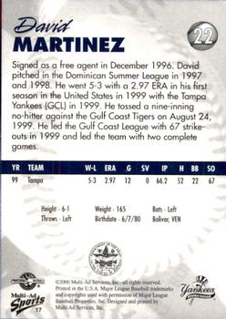 2000 Multi-Ad Staten Island Yankees #17 David Martinez Back