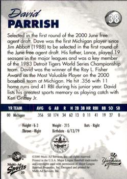 2000 Multi-Ad Staten Island Yankees #20 David Parrish Back