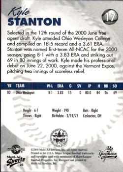 2000 Multi-Ad Staten Island Yankees #25 Kyle Stanton Back