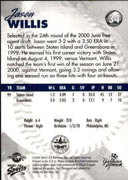 2000 Multi-Ad Staten Island Yankees #28 Jason Willis Back