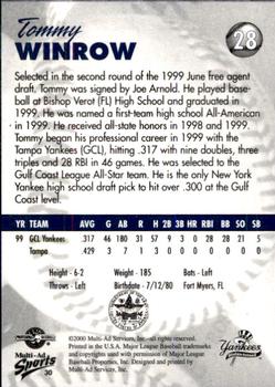 2000 Multi-Ad Staten Island Yankees #29 Tommy Winrow Back