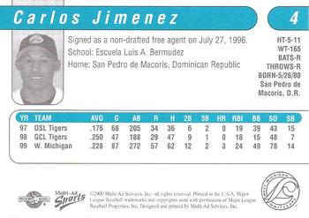 2000 Multi-Ad West Michigan Whitecaps #NNO Carlos Jimenez Back